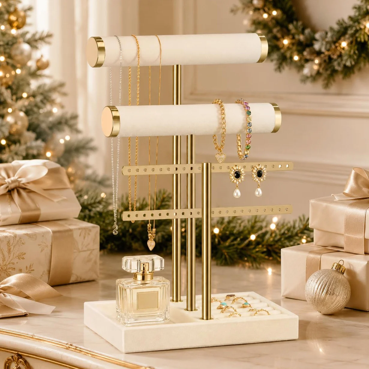 Josmimic Schmuck Organizer mit 3 Ebenen - Beige Schmuckständer Armbänder, Abnehmbarer T-Steg Schmuck Ständer, Samt-Armbandhalter, Schmuckhalter für Armband, Halskette, Uhren, Ringe
