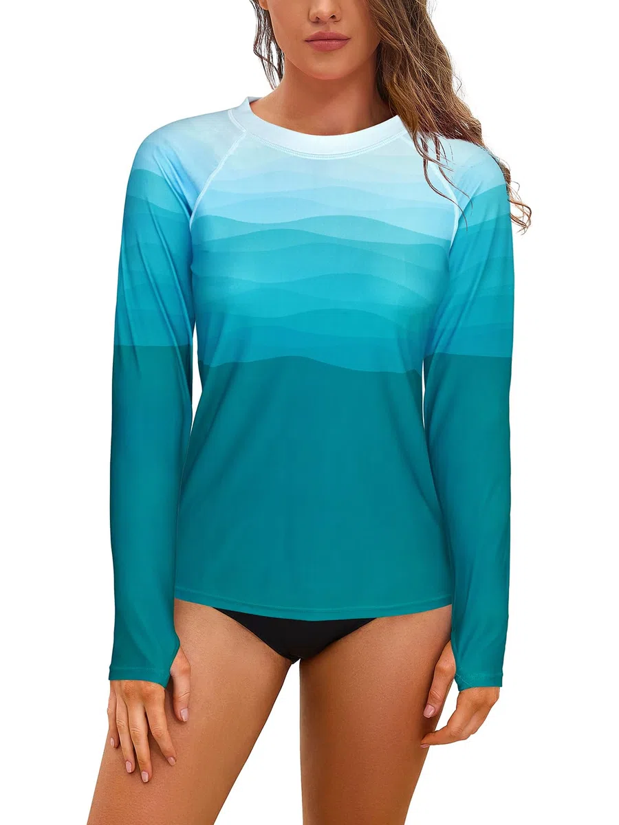 SHEKINI Damen Langarm Rash Guard Schwimmshirt Landschaftsdruck Serie Surfshirt Oberteile