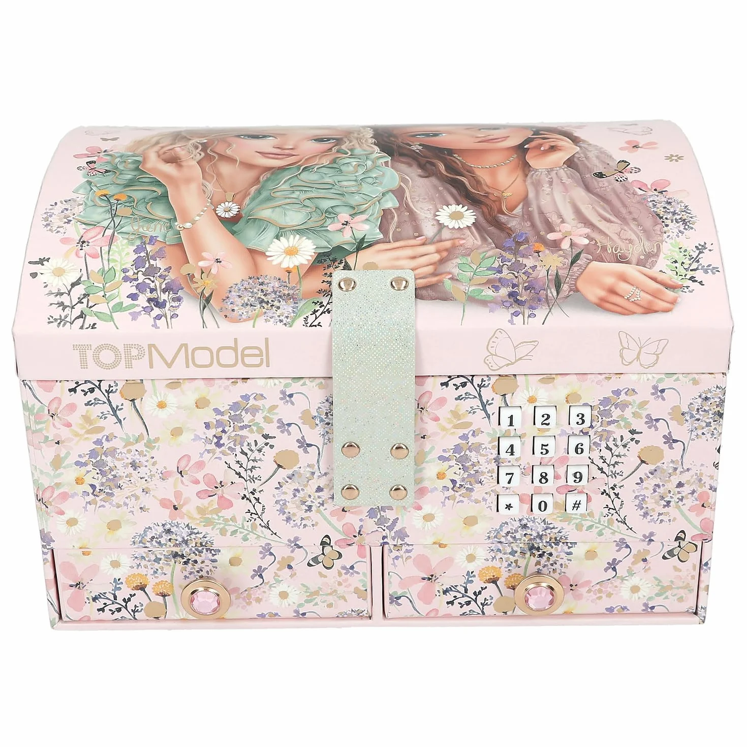 Depesche TOPModel Summer Feeling - Großes Schmuckkästchen in Rosa, mit Model Motiv und floralen Details, Schmuckbox mit Code, Sound und Spiegel