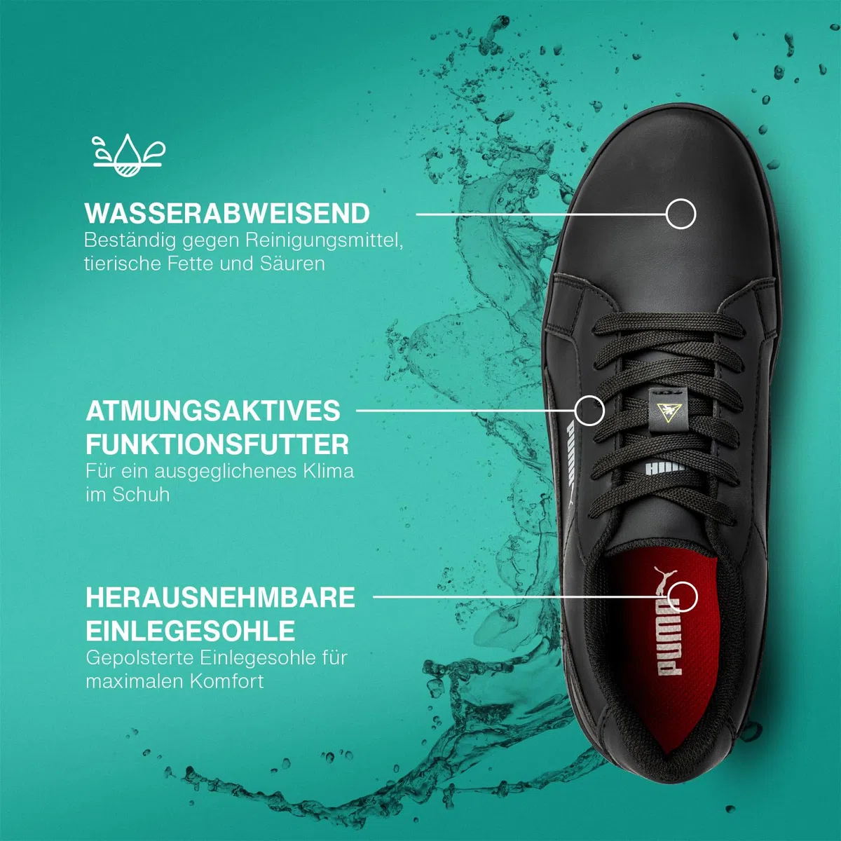 PUMA Safety Blast Rutschhemmende Berufsschuhe – rutschfeste O2 Arbeitsschuhe, metallfrei, wasserabweisend – ideal als Kochschuhe & Arbeits- Sneaker - Schwarz