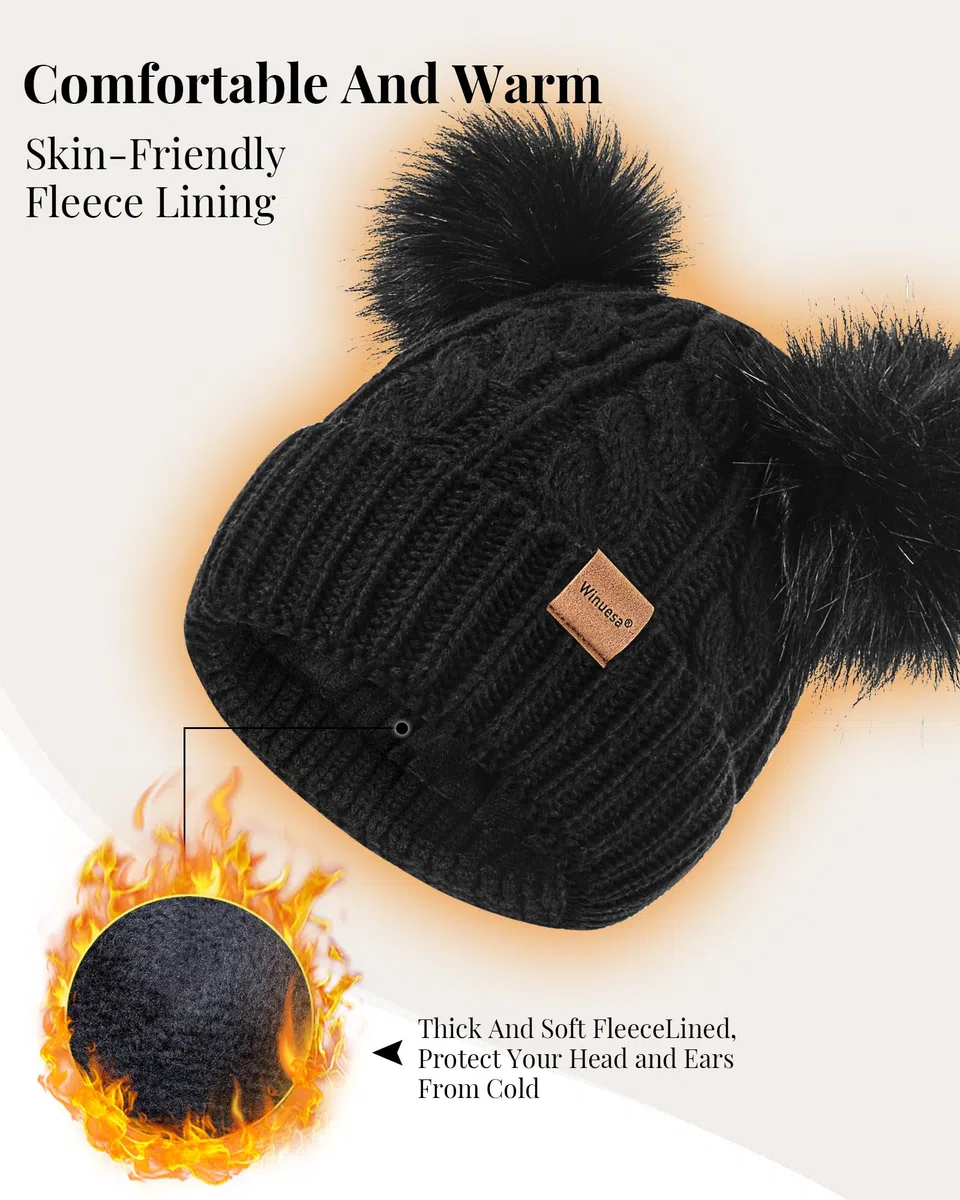 Winuesa Mütze, Schal & Handschuh-Sets für Damen, Beanie Mütze Damen Winter mit Bommel Fleece Gefütterte, Touchscreen Handschuhe Schal 3 in 1 Geschenk Set(Haferflocken)