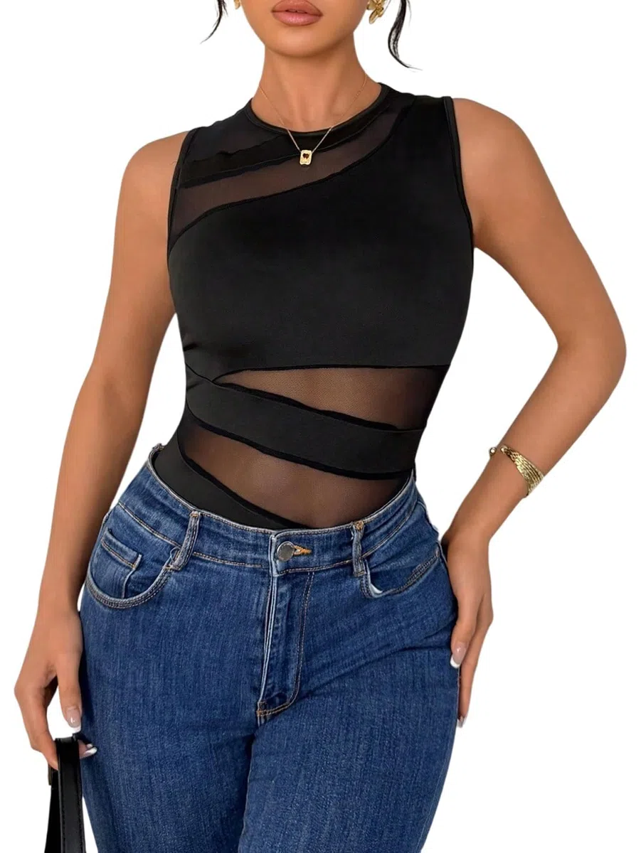 GORGLITTER Damen Bodysuit Ärmelloses Body Transparente Bodysuits Rundkragen Bodys Sommer Netz Blusenbody Elegant Tank Oberteile