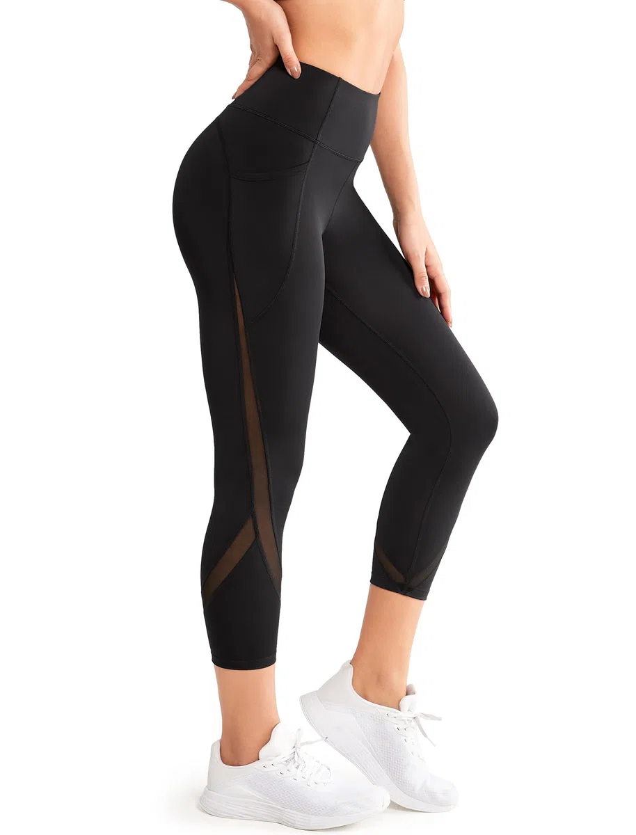 Yvette Damen 3/4 Sport Leggings Capri Sporthose Blichdicht mit Mesh high Waist Bauchkontrolle Leggins
