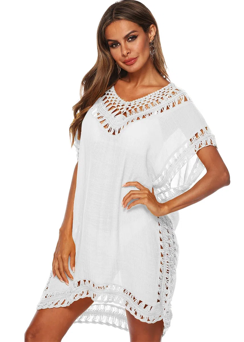 Damen Sommer Bikini Cover Up V-Ausschnitt Strand Poncho Strandkleid mit Cutout Crochet Badeanzug Sommer Kleider für Urlaub