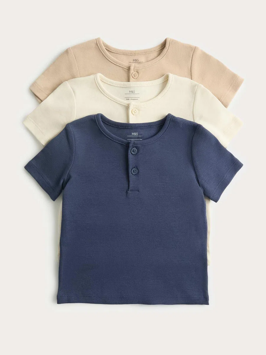 Marks & Spencer 3er-Pack Baby Kurzarm-Henley-Tops aus Reiner Baumwolle – Regular Fit – Knopfleiste