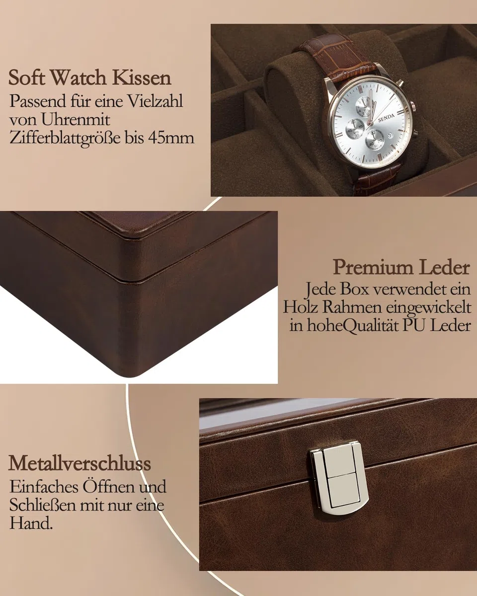 Uhrenbox mit 12 Fächern, Uhrenkasten mit Glasdeckel, Watch Box mit herausnehmbarer Unterlage, Metallverschluss, Geschenk, Braunes Kunstleder, Braunes Innenfutter