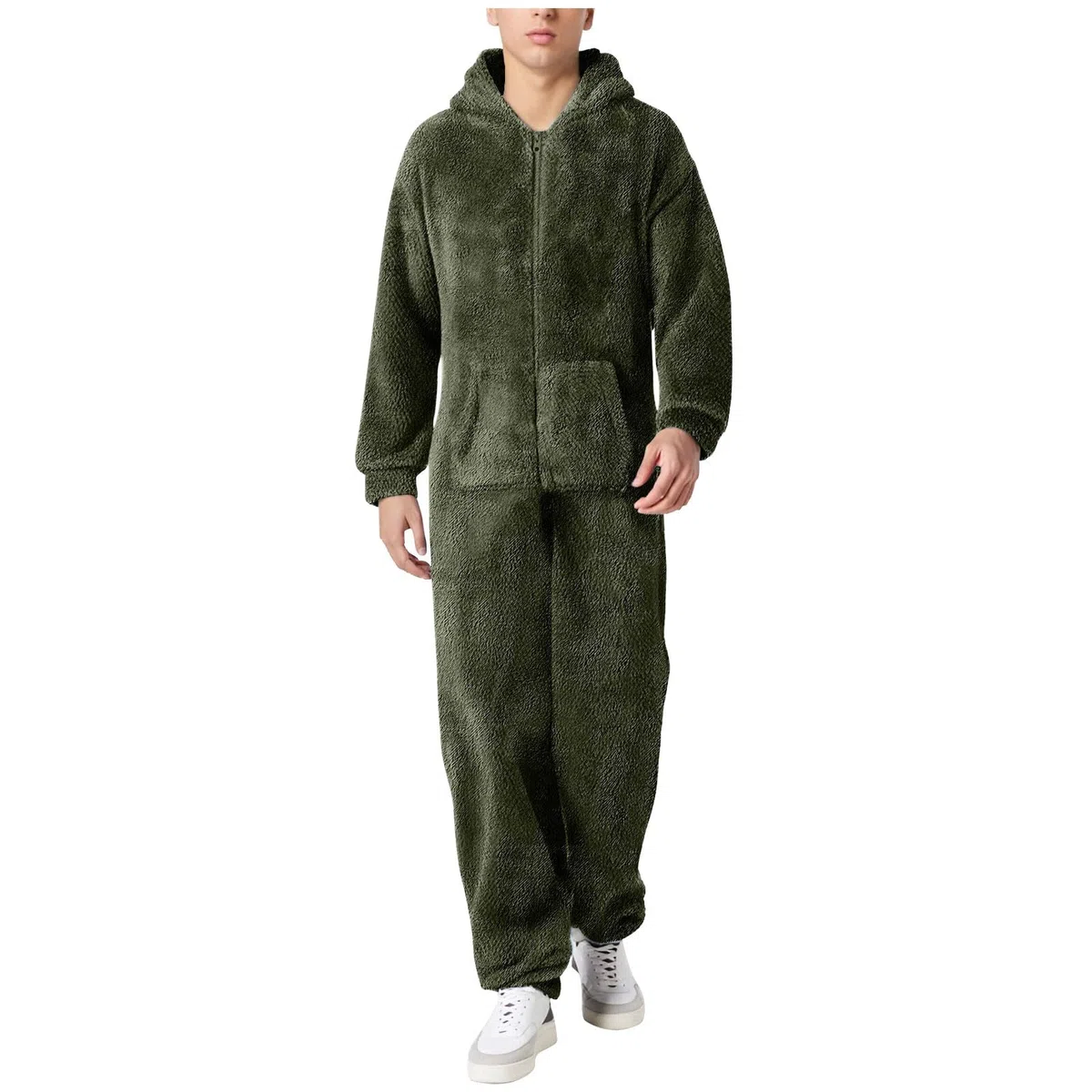 Fleece-Overall für Herren, Einteiler, flauschig und weich, Jumpsuit, kuschelig und warm, langärmlig, mit Kapuze, für Herbst und Winter