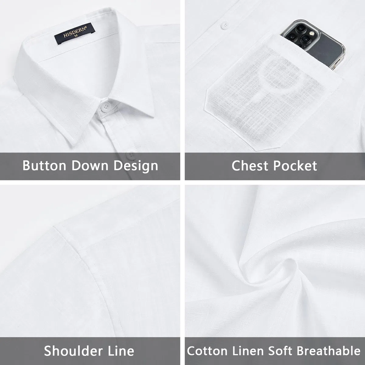 HISDERN Leinenhemd Herren Kurzarm Hemd Freizeithemd Businesshemd Sommerhemd mit Brusttasche Casual Shirts Regular Fit S-4XL