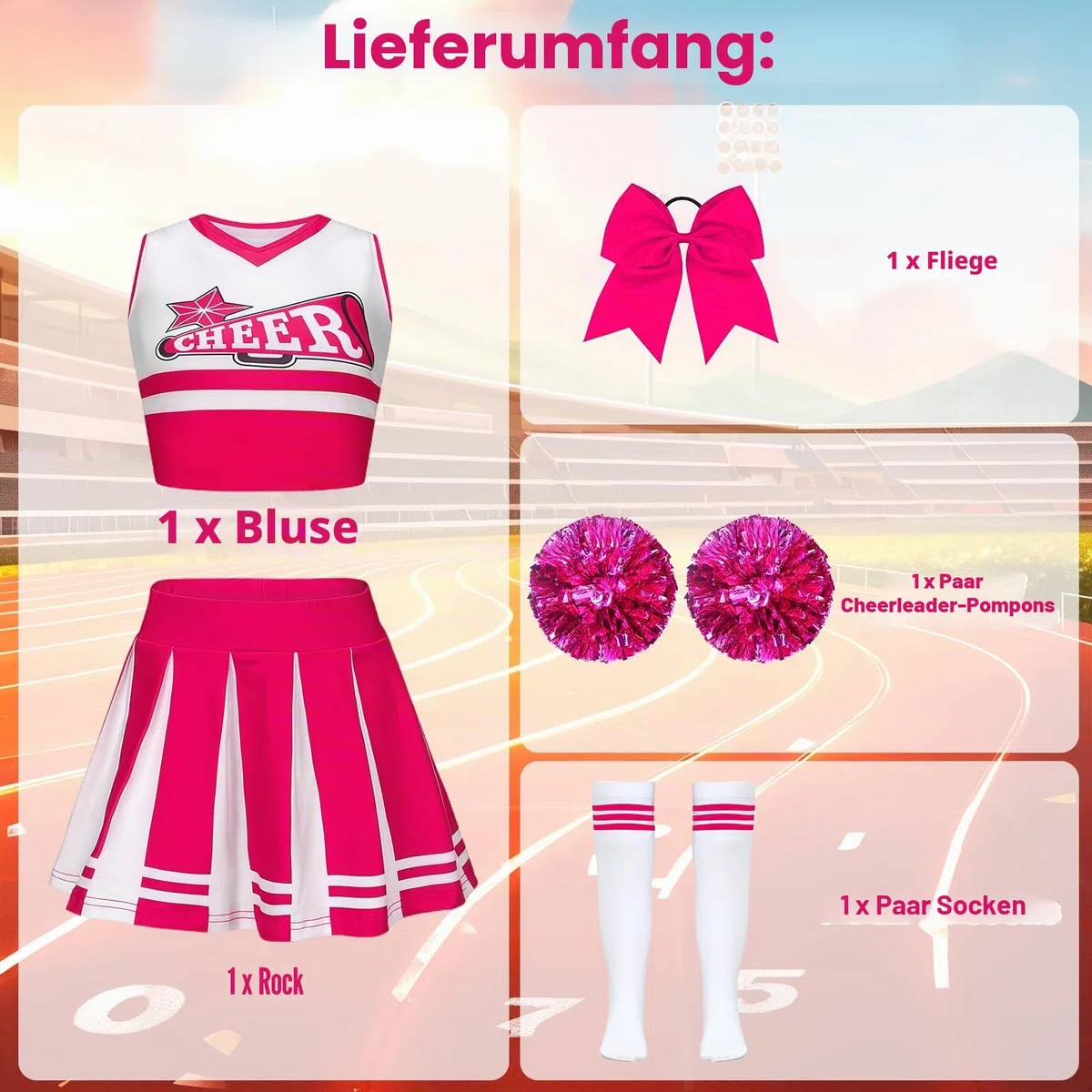 Pom Poms Cheerleader-Outfit für Mädchen, Uniform, High School mit Pompons, Musikuniform, Outfit