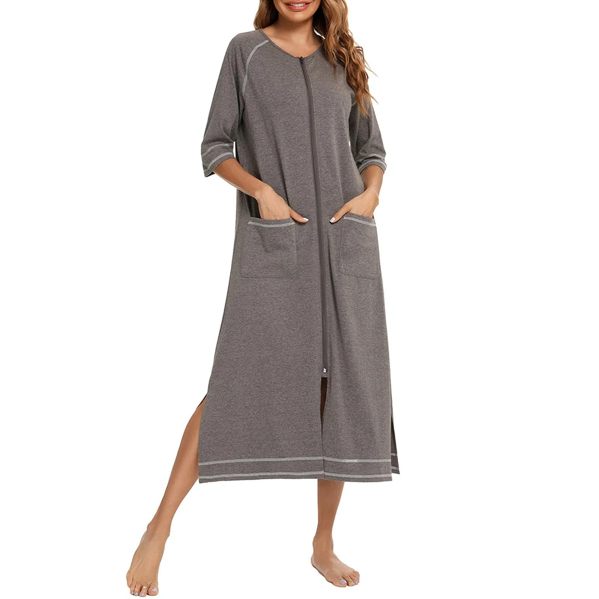 Damen Reißverschluss Bademantel 3/4 Ärmel Hauskleid in voller Länge Nachtwäsche Duster Hausmantel mit Taschen Ganzkörpermantel aus weicher Baumwolle mit Taschen Nachtwäsche Sleepwear