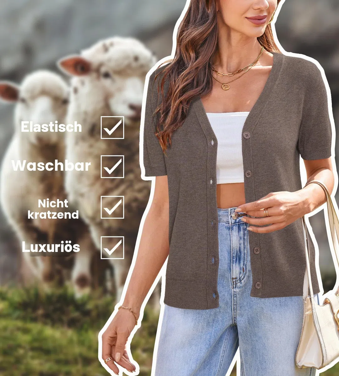 Arach&Cloz Strickjacke Damen Wolle Blend Leichte V-Ausschnitt Cardigan Elegant Kurzarm Langarm Knöpfe Casual Top