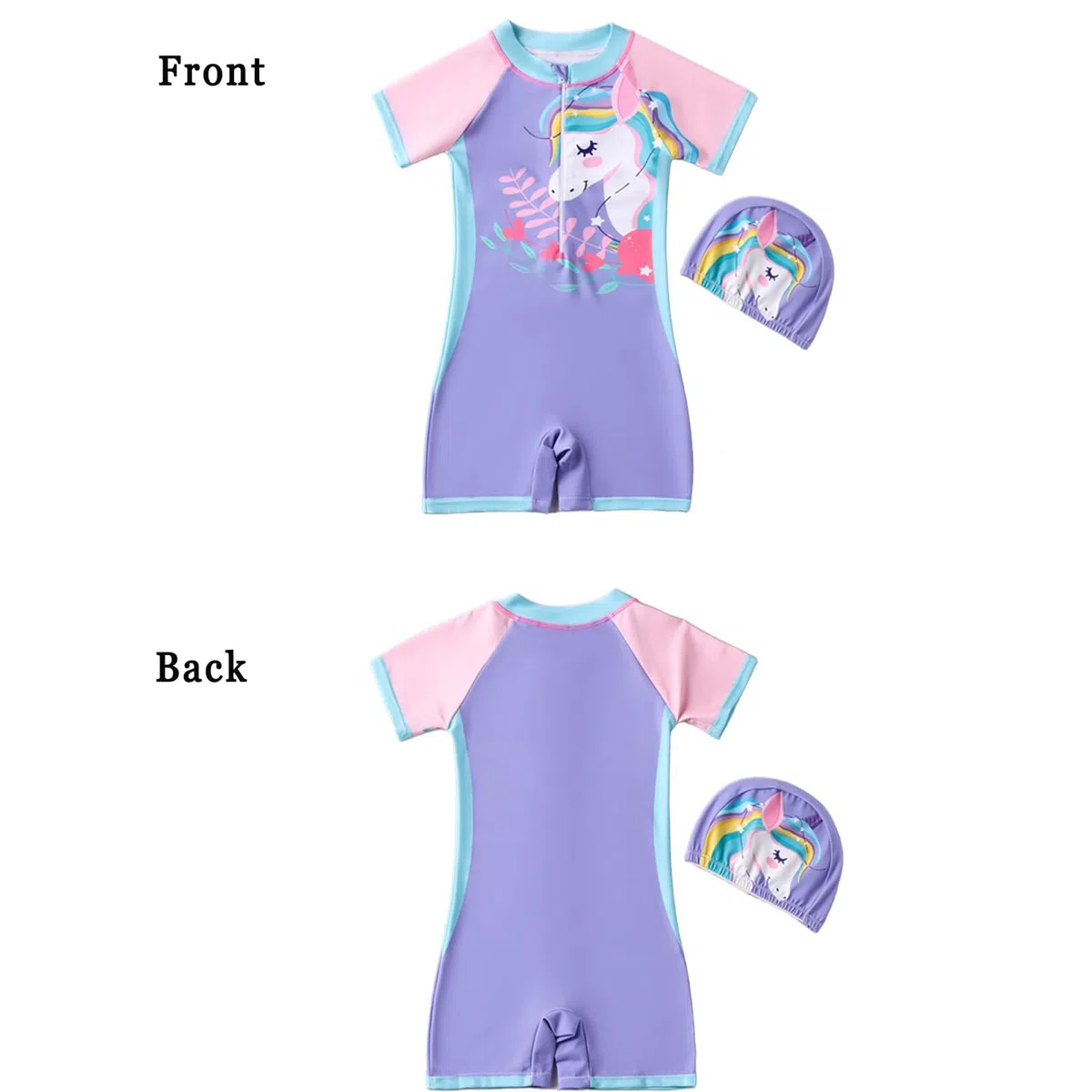 Einhorn Mädchen Einteiler Badeanzug Set mit Hut UPF 50+ UV-Schutz Bademode Kinder Dehnbar Kurzarm Badeanzug mit Reißverschluss Badeanzug Strand Neoprenanzug für Kinder 3–10 Jahre