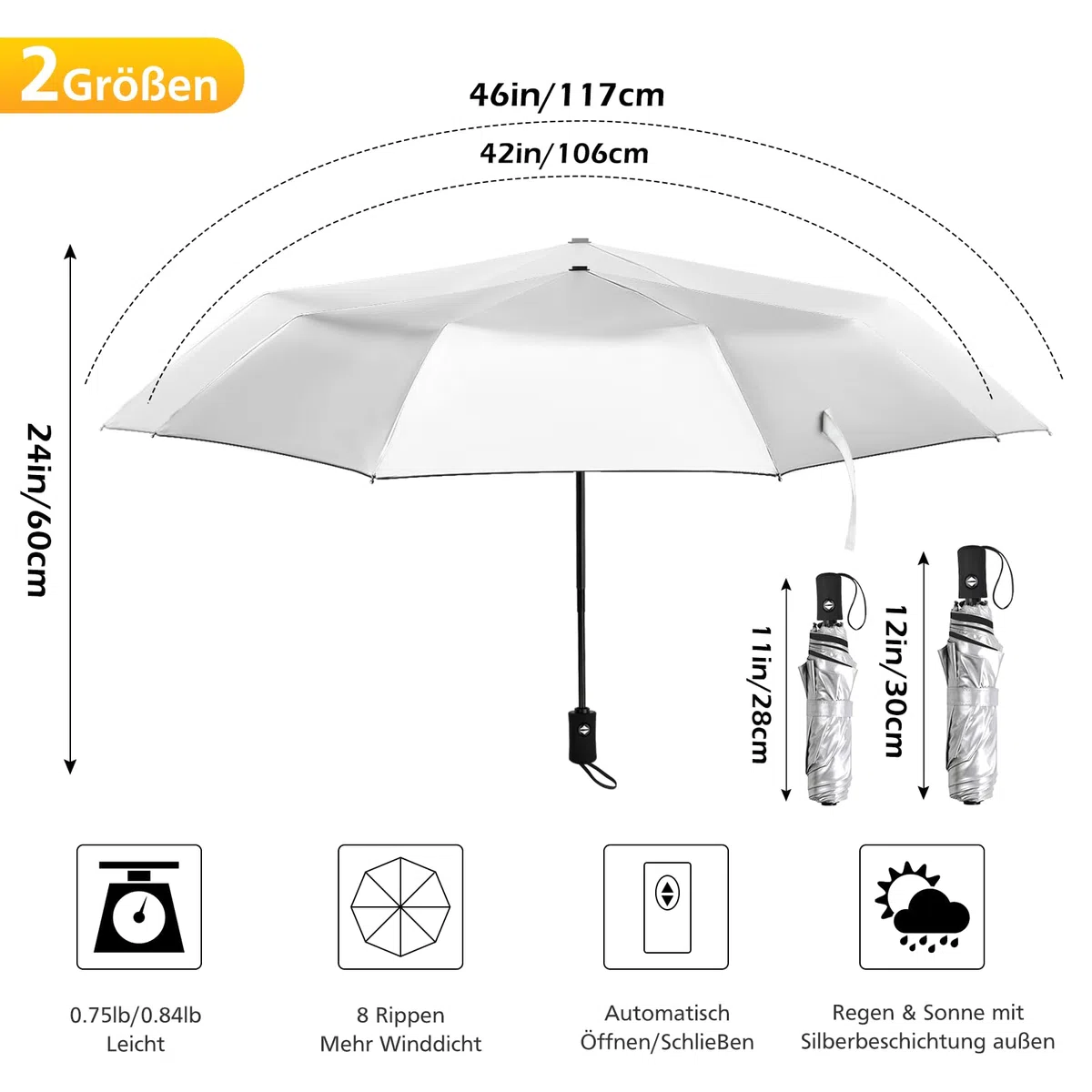 Regenschirm mit UV-Schutzfaktor 50+, kompakter Regenschirm für Sonne, wasserdicht und windabweisend, Sonnenschutz, automatisches Öffnen, Schließen (Silber/Rosa, 46inch)