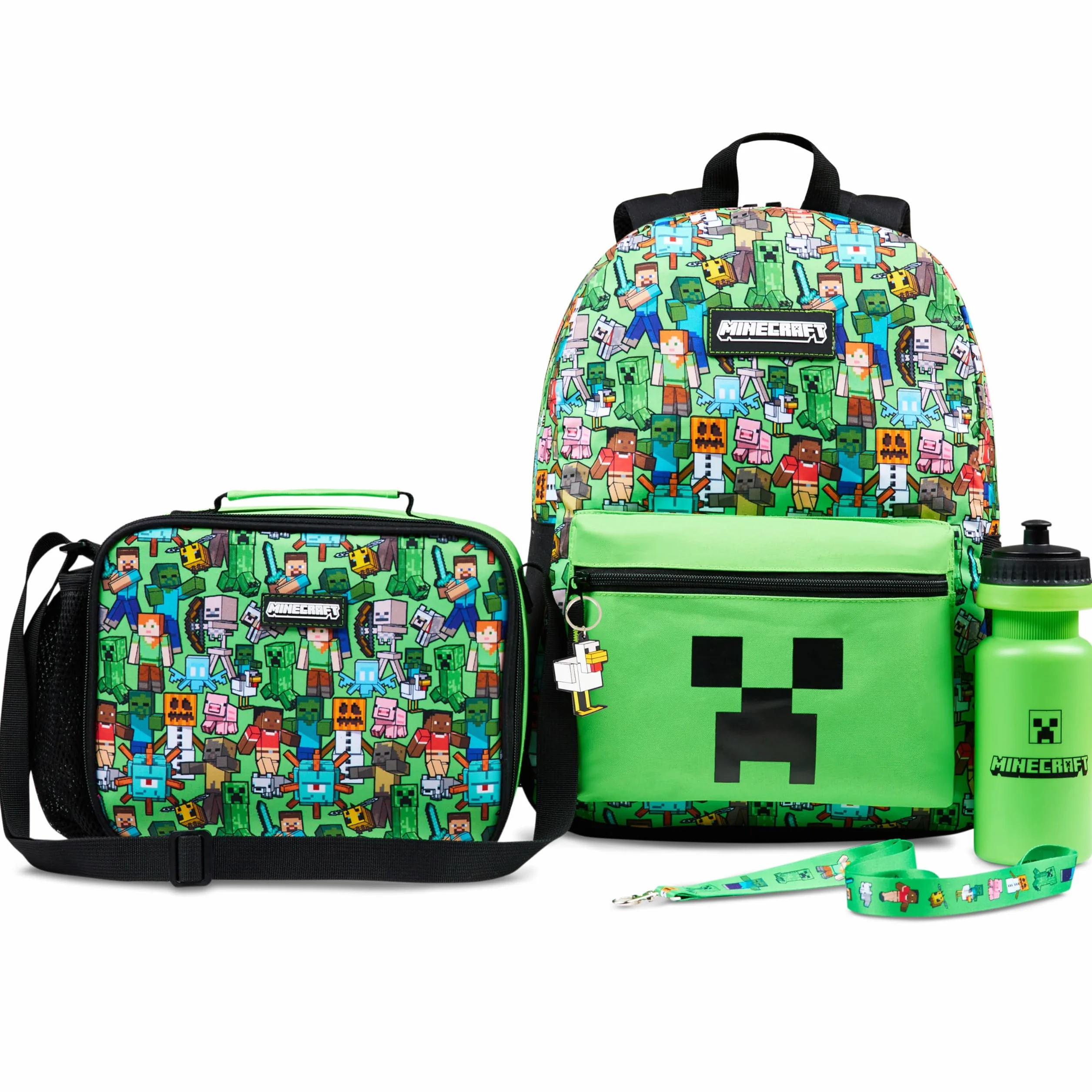 Minecraft Rucksack Kinder 5 Teilige Sets mit Lunchtasche Trinkflasche und Federmäppchen Turnbeutel oder Schlüsselanhänger Lanyard Gamer Geschenks (Grün AOP)