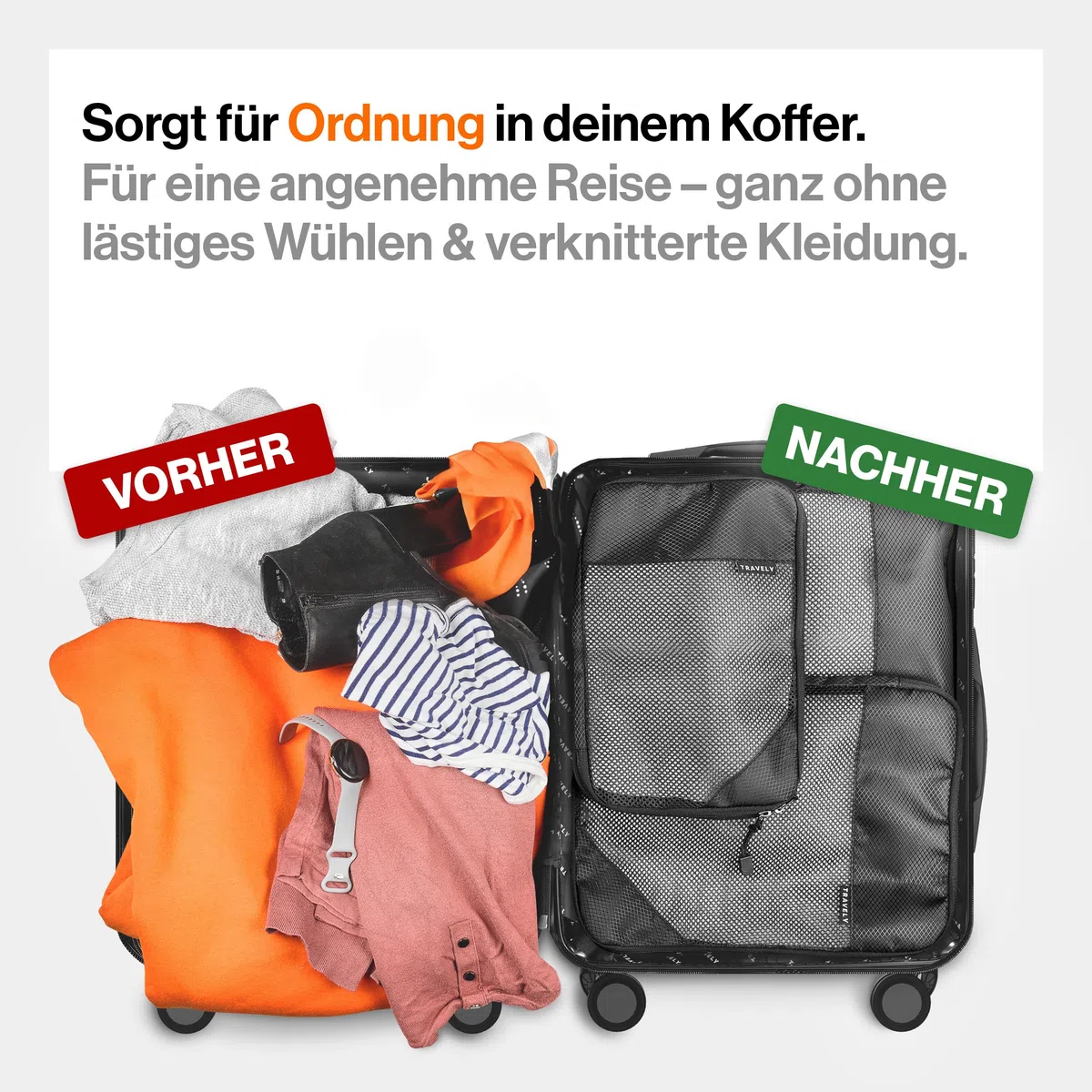 TRAVELY Packing Cubes Compression - 5-teiliges Set inkl. Schuhtasche & Wäschebeutel - Packwürfel Kompression als Koffer oder Rucksack Organizer - Packtaschen für Reise, Packbeutel, Kompressionsbeutel