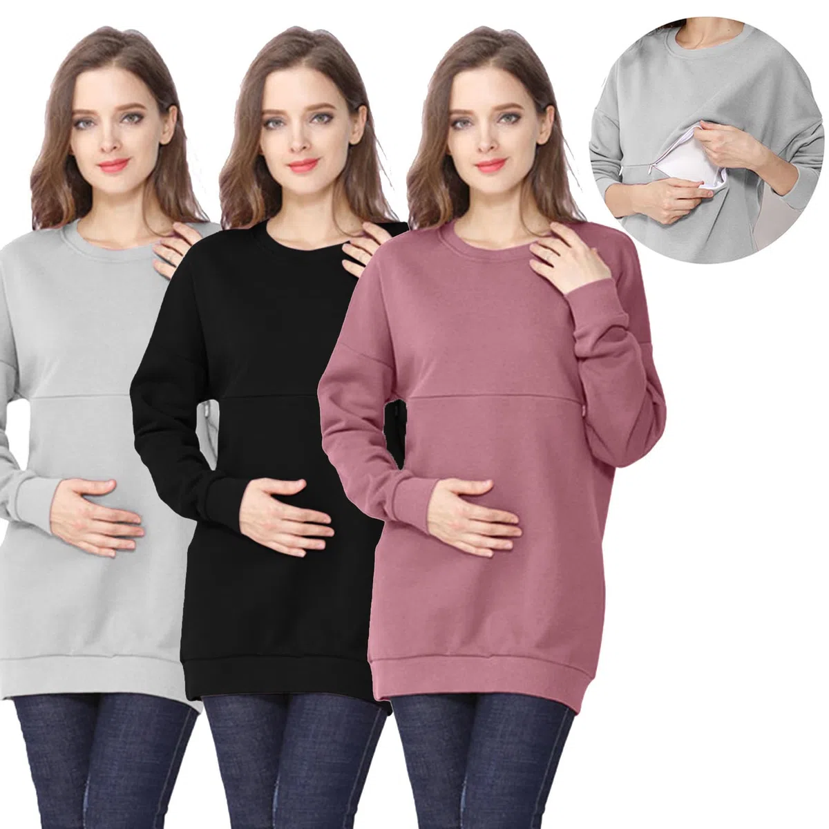 Damen Mutterschaft Reißverschluss Sweatshirt Einfarbig Jumper Stilloberteile Winter Langarm Stillkleidung für Stillen Nursing Top Schwangerschaft Stillpullover Winter Langarmshirts
