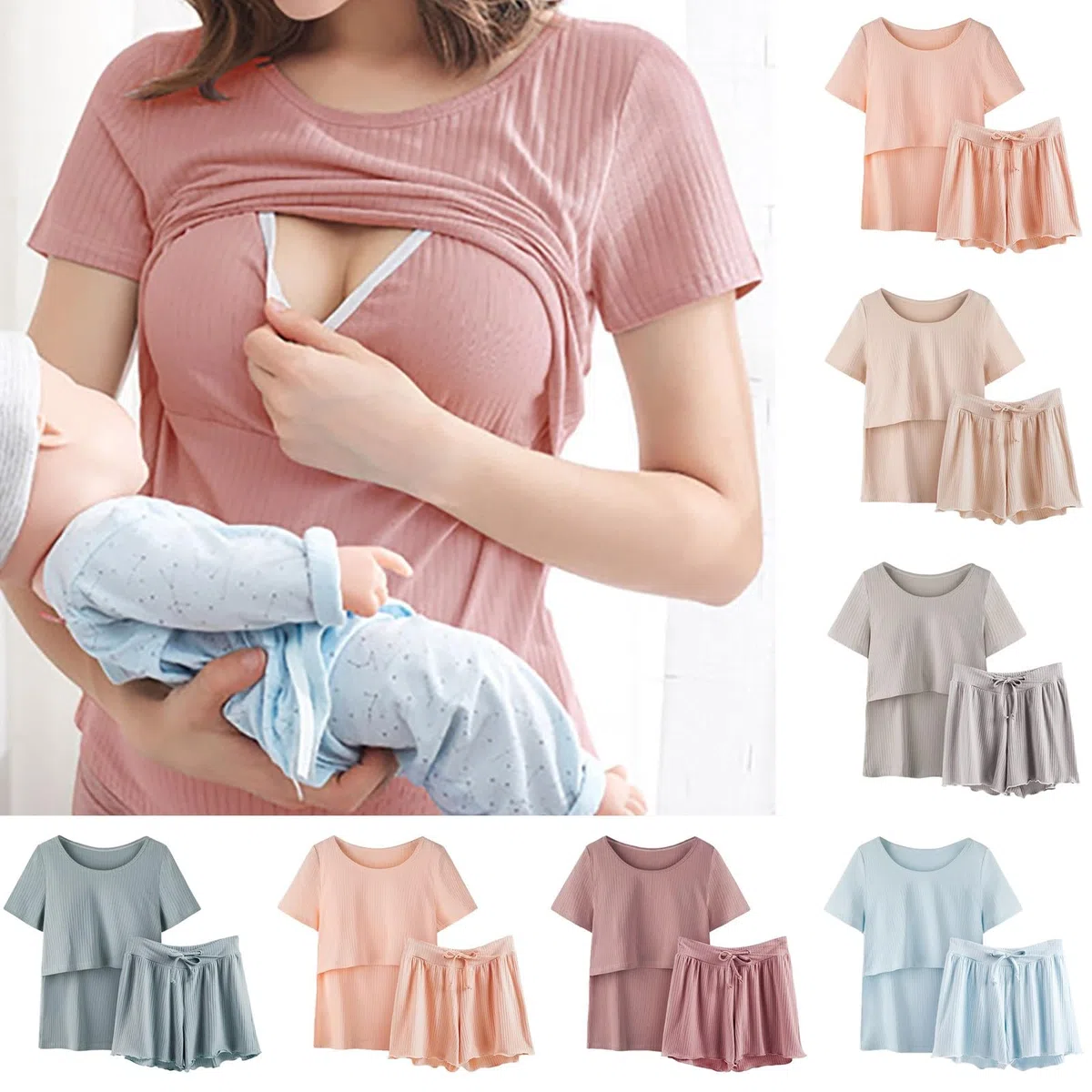 Damen Stillpyjama Kurz Stillen Schlafanzug Zweiteiliger Umstandspyjama Kurzarm Stilltop + Hose Elastischem Pyjama-Set Stillfunktion Schwangerschaft Nachtwäsche Umstandsmode für Schwangerschaft