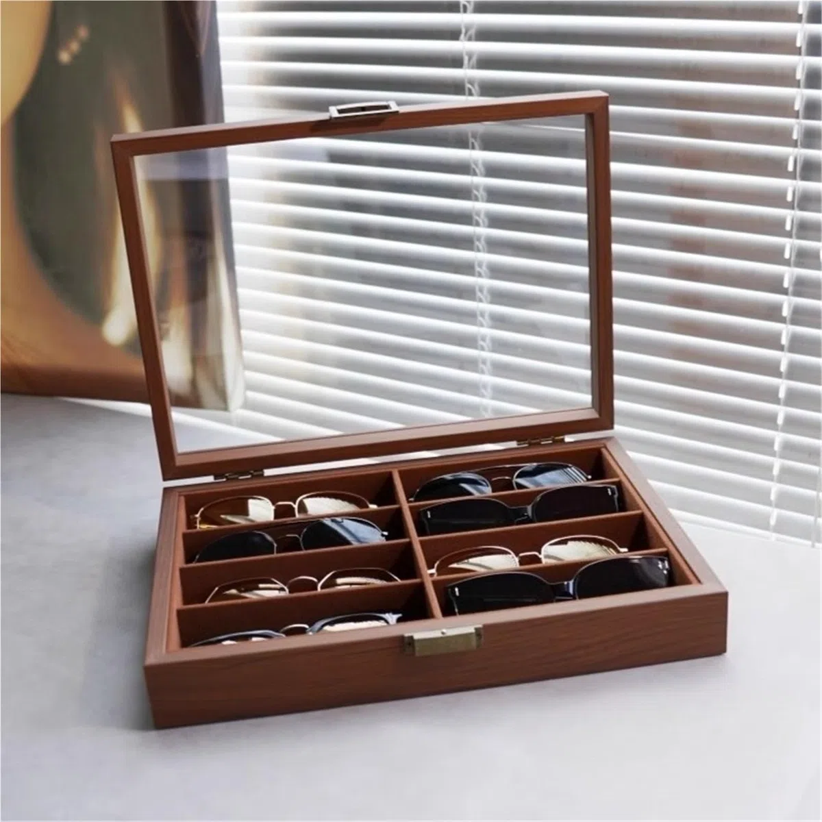 1 Stück Vintage-Brillenetui aus Holz, Sonnenbrillen-Organizer mit 8 Fächern, Sichtfenster-Ausstellungsbox, kratzfester Aufbewahrungsschrank for zu Hause für Brillen