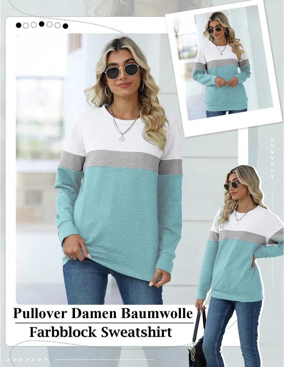 Sweatshirt Damen Pullover Herbst Winter Rundhals Sweater Farbblock Pulli Langarmshirt Baumwolle Elegant Langarm Oberteile mit Taschen