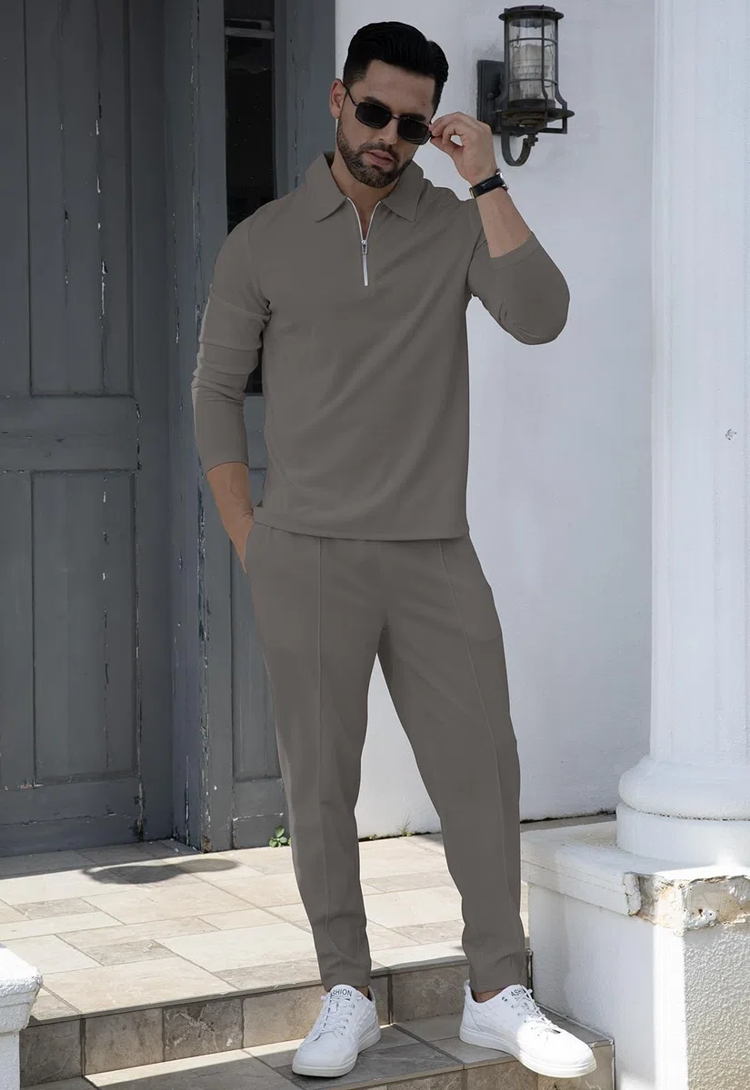 KUYIGO Herren-Trainingsanzüge mit 1/4-Reißverschluss, Poloshirt, 2-teiliges Outfit, Langarm-Pullover, Trainingsanzug-Set, Sweatshirt und Jogginghose, lässige Waffel-Oberteile, Hose, Sport, Activewear