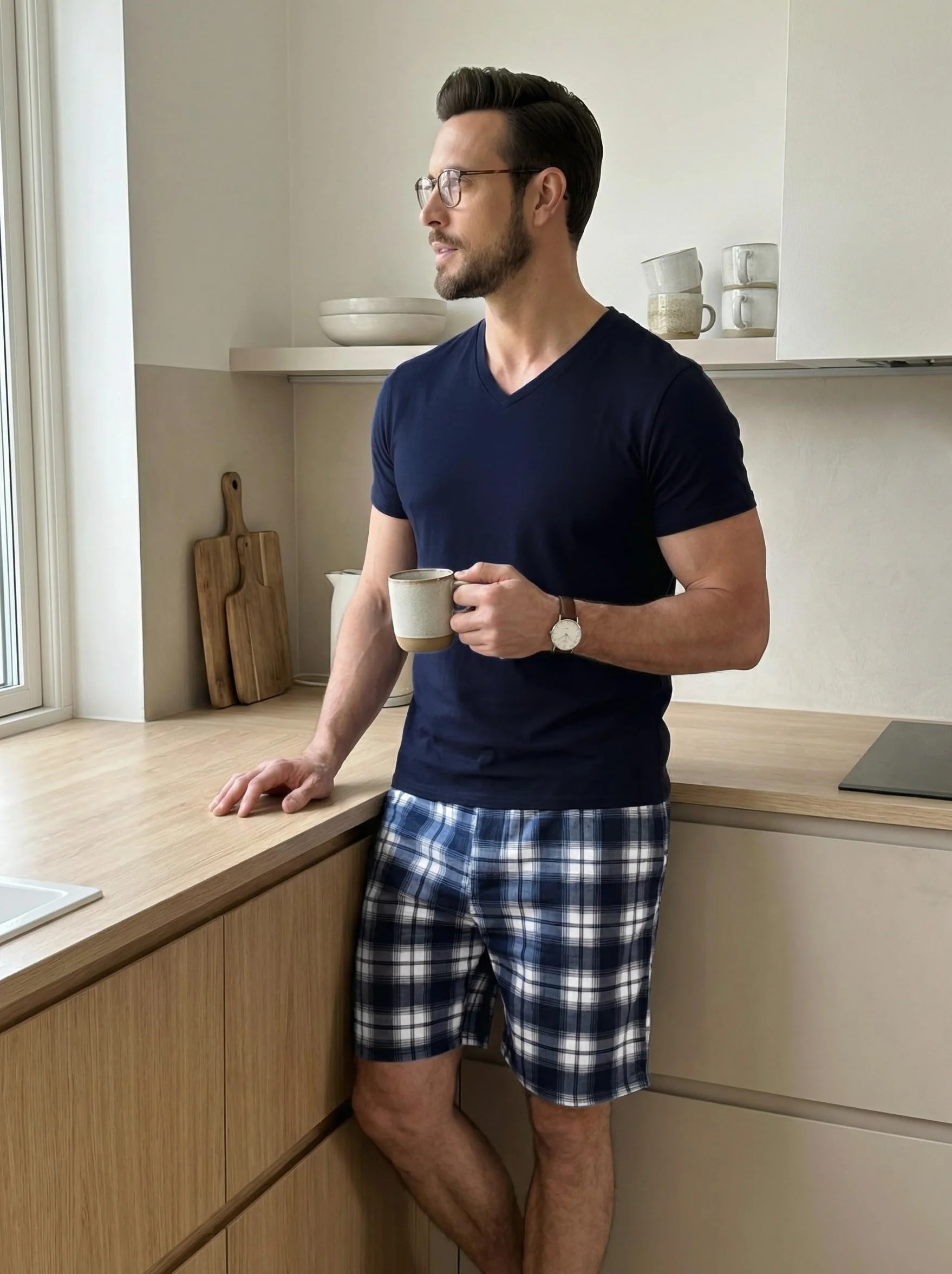 Bresdk Schlafanzug Herren Kurz Pyjama Set Baumwolle Kariert Zweiteilige Nachtwäsche für Herren