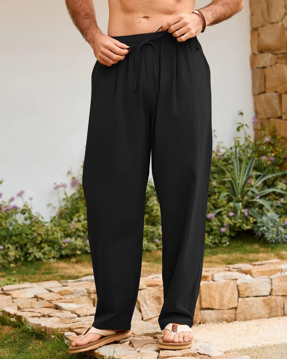 Elainone Herren Sommerhose Baumwolle Leichte Freizeithose mit Kordelzug Taschen Loose Fit Bequeme Strandhose