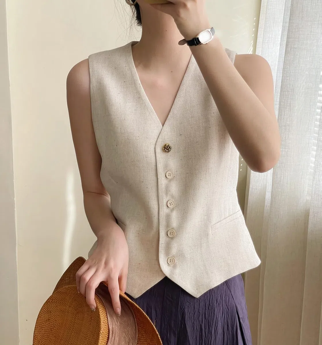 Damen Leinenweste Anzug Weste V-Ausschnitt Einreihig Elegant Weste Business Outfits Top