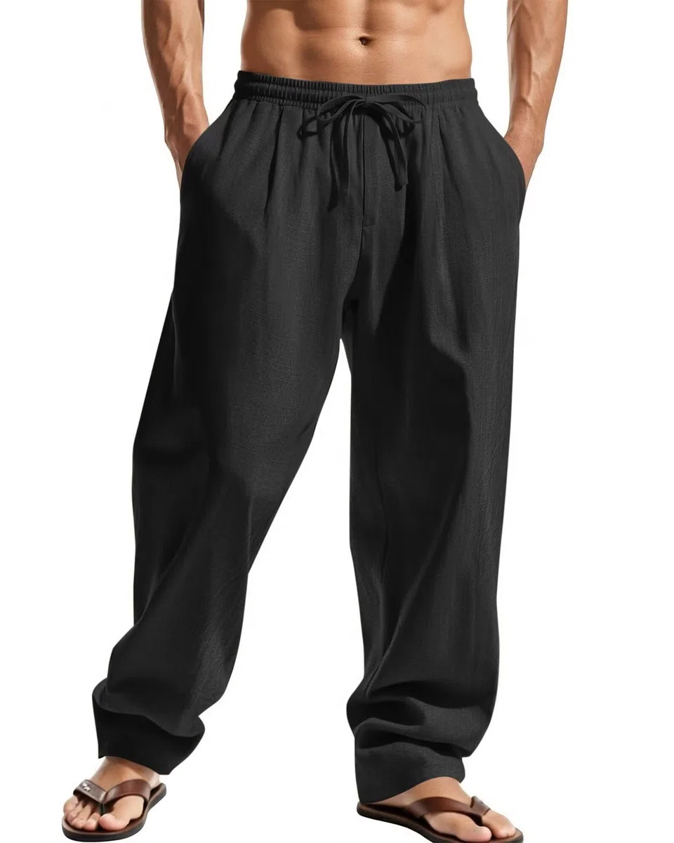 Elainone Herren Sommerhose Baumwolle Leichte Freizeithose mit Kordelzug Taschen Loose Fit Bequeme Strandhose