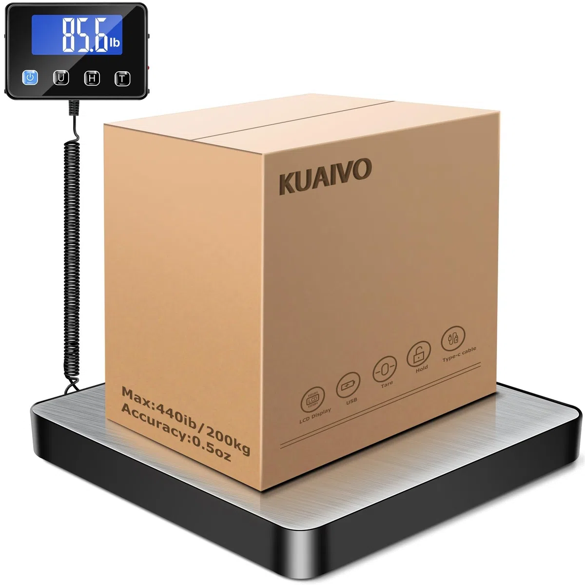 KUAIVO Paketwaage, 200kg/10g Hochpräzise Plattformwaage mit LCD/Hold/Tara Funktion, Postwaage aus Edelstahl für Pakete, Gepäck, Lagerhaus, Unternehmen und für den Hausgebrauch, Aufladbar