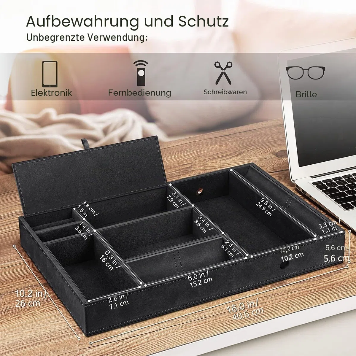 SITHON Taschenleerer Tisch Organizer, 8 Fächer Tablett Ablage Aufbewahrungsbox Kunstleder Nachttisch Kosmetiktablett Münzbox Schlüssel Schmuck Organizer, Schwarz