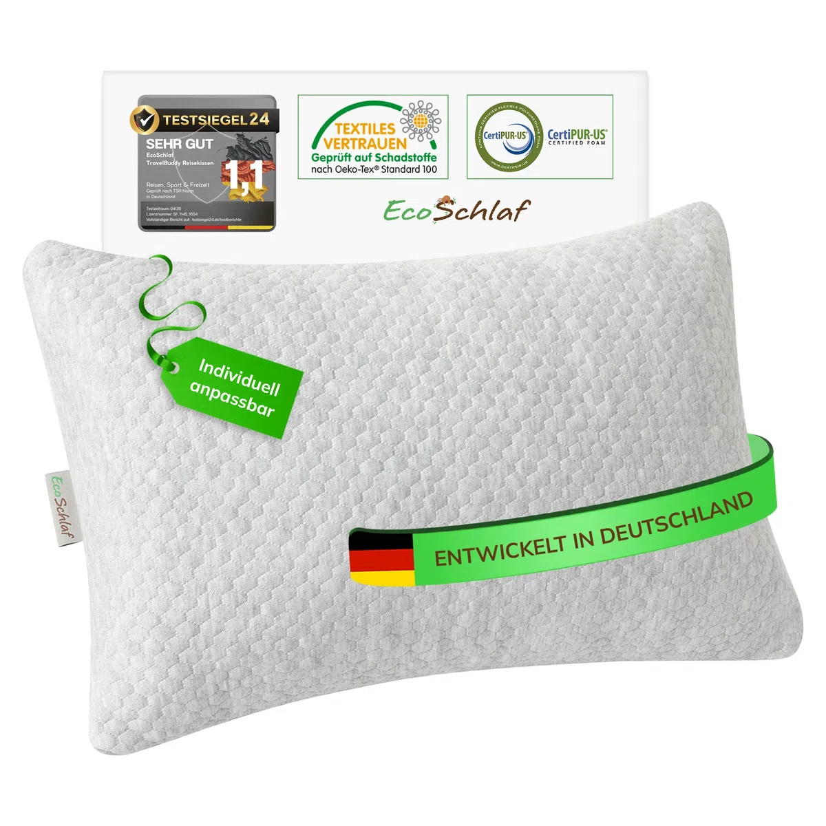 TravelBuddy Reisekissen – kleines Nackenkissen für Flugzeug Camping Auto Bus Zug – einstellbares Travel Pillow aus Memory Foam – ergonomisches Kissen für Outdoor & Reise (Grau)