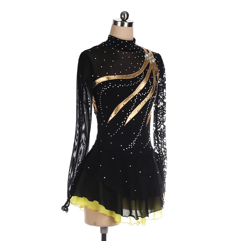 Eiskunstlauf Kleid Mädchen, Handmade, Schwarz, Mesh, Spitze, Langarm, Strass, Kürkleid Rollkunstlauf Kostüme Wintersport Professional Tanzkleider