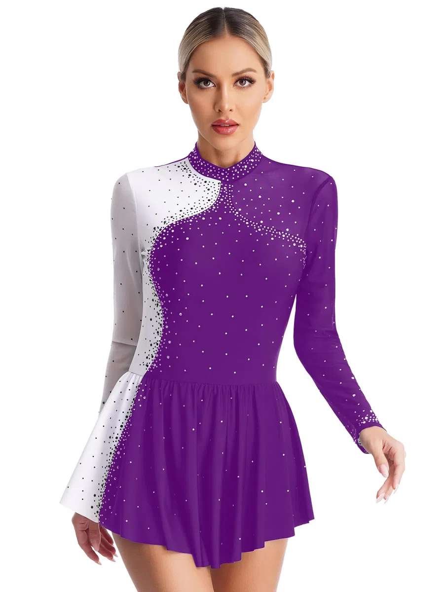 CHICTRY Eiskunstlauf Kleid Damen Langarm Strass Glitzer Ballettkleid Stehkragen Tanzbody Farbblock Patchwork Trikot Mit Wickelrock Dancewear