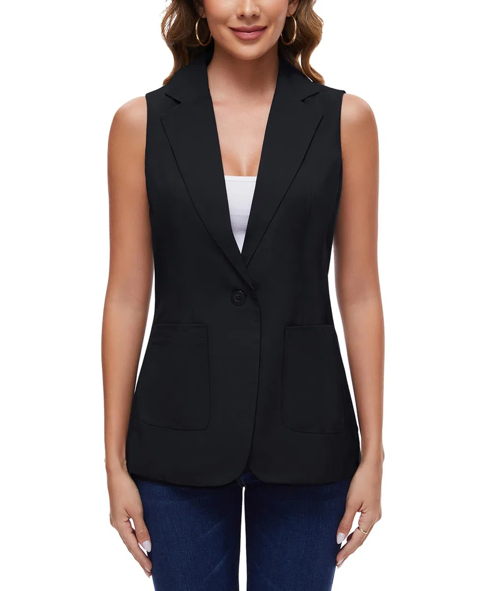 Ärmelloser Blazer für Damen, lange Büroweste, vollständig gefüttert, Ein-Knopf-Oberteil, Jacke, Weste, gekerbtes Revers
