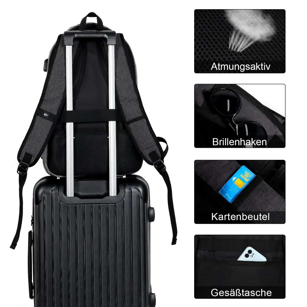 MoFut Rucksack Herren & Damen, Reiserucksack, Schultasche viele Fächer mit 15,6" Laptopfach, Handgepäck Rucksäcke, Backpack für Studenten, Büroangestellte, Reisen Wandern (Schwarz.a)