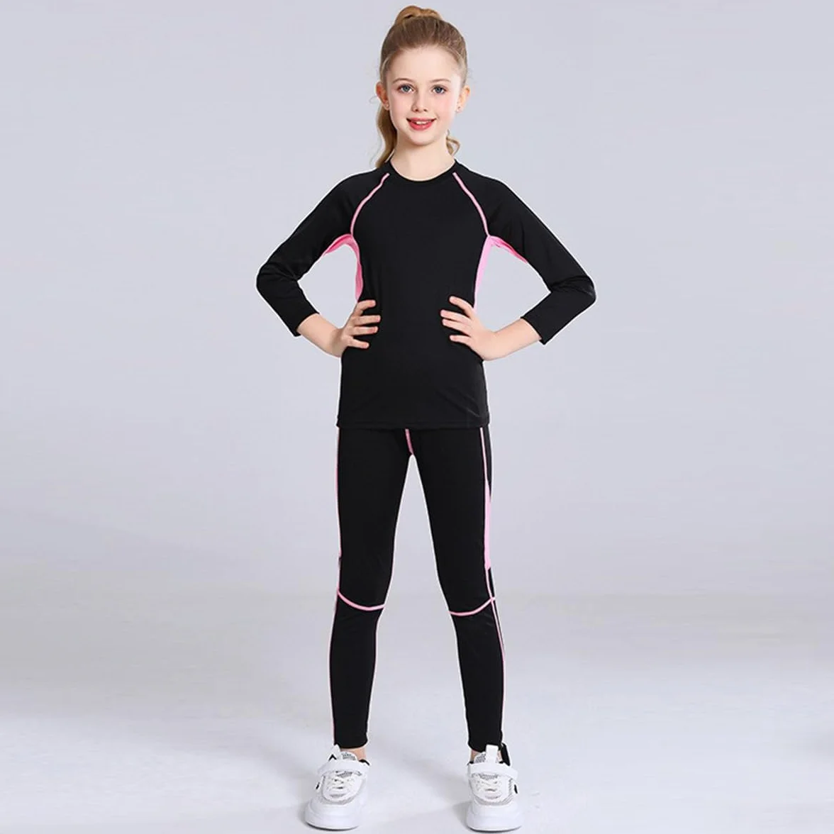 linboo Mädchen Sportanzug 2tlg Yoga Anzug mit Langen Ärmeln und Hosen, Kleidung Set, Atmungsaktiv und Elastisch, Outdoor eng anliegende Tanz- und Fitnessbekleidung für Kinder
