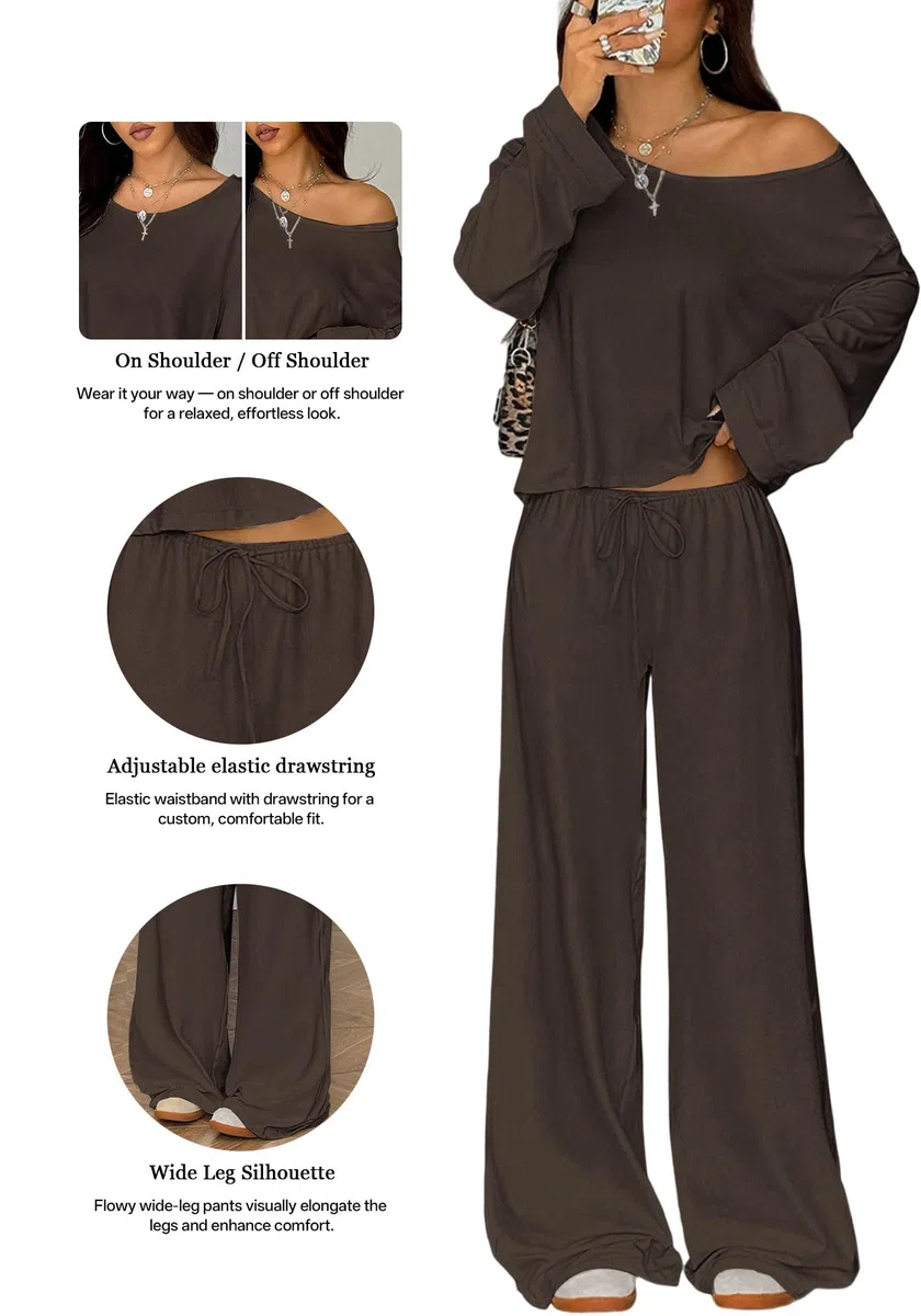 Damen Zweiteiler Lounge Set mit Langarm-Top und Weitbein-Hose, Loungewear Damen, Schulterfrei, Weich und Dehnbar