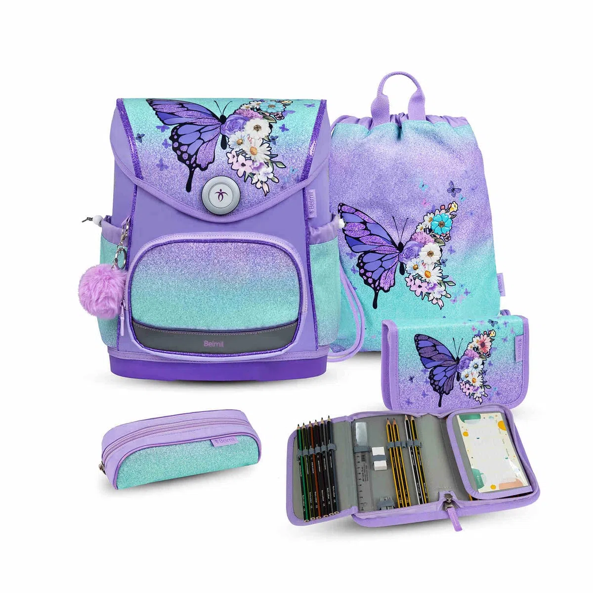 Belmil Premium Compact Plus ergonomisches Schulranzen Set 5 - teilig, AGR, Brustgurt, Hüftgurt, Magnetverschluss (405-41/P/S) (Serenity 2)