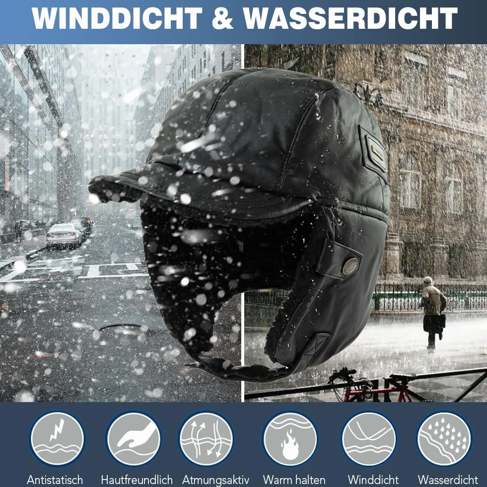 Comhats Warme Trappermütze Herren Wintermütze Kunstleder Hut Unisex Fliegermütze Fellmütze