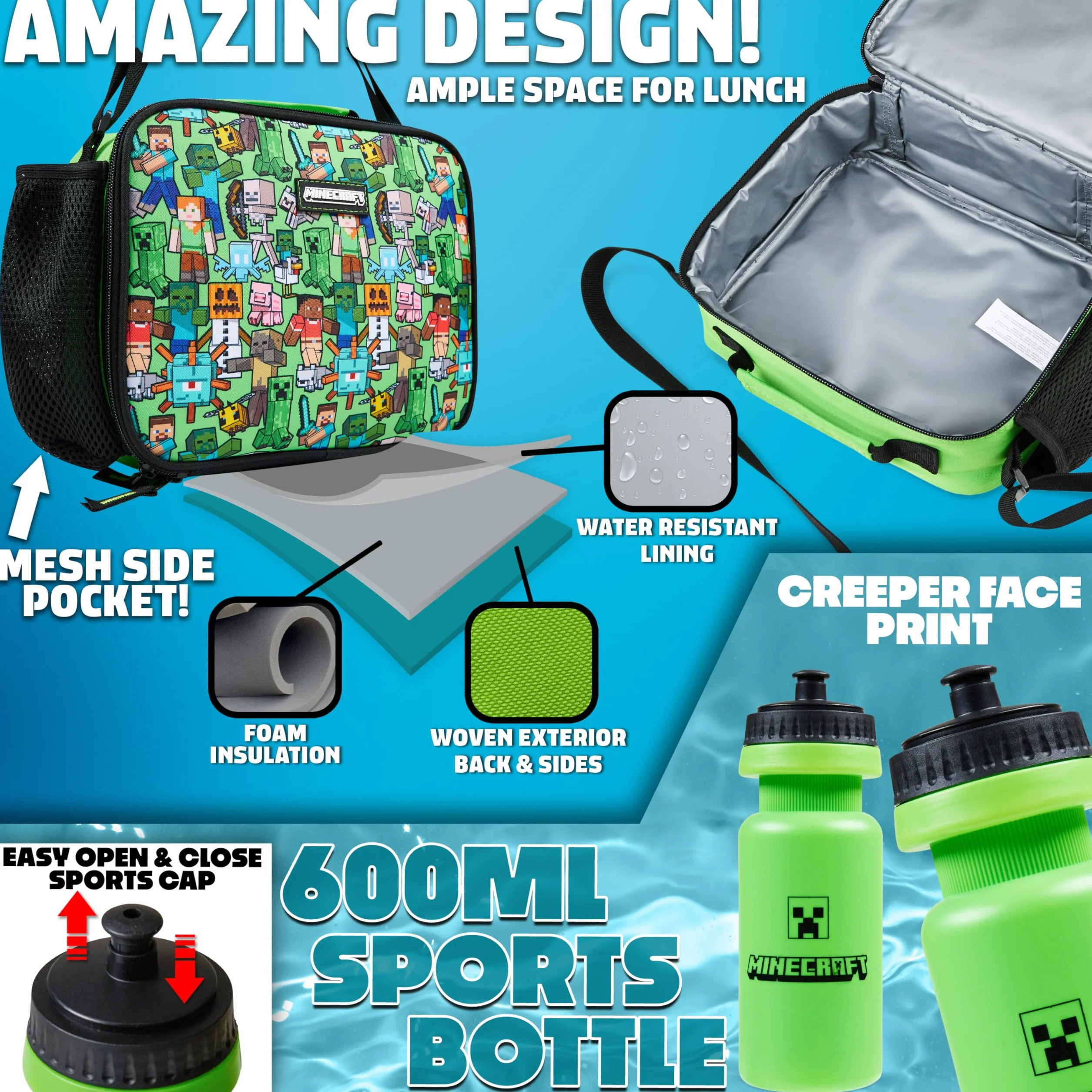 Minecraft Rucksack Kinder 5 Teilige Sets mit Lunchtasche Trinkflasche und Federmäppchen Turnbeutel oder Schlüsselanhänger Lanyard Gamer Geschenks (Grün AOP)