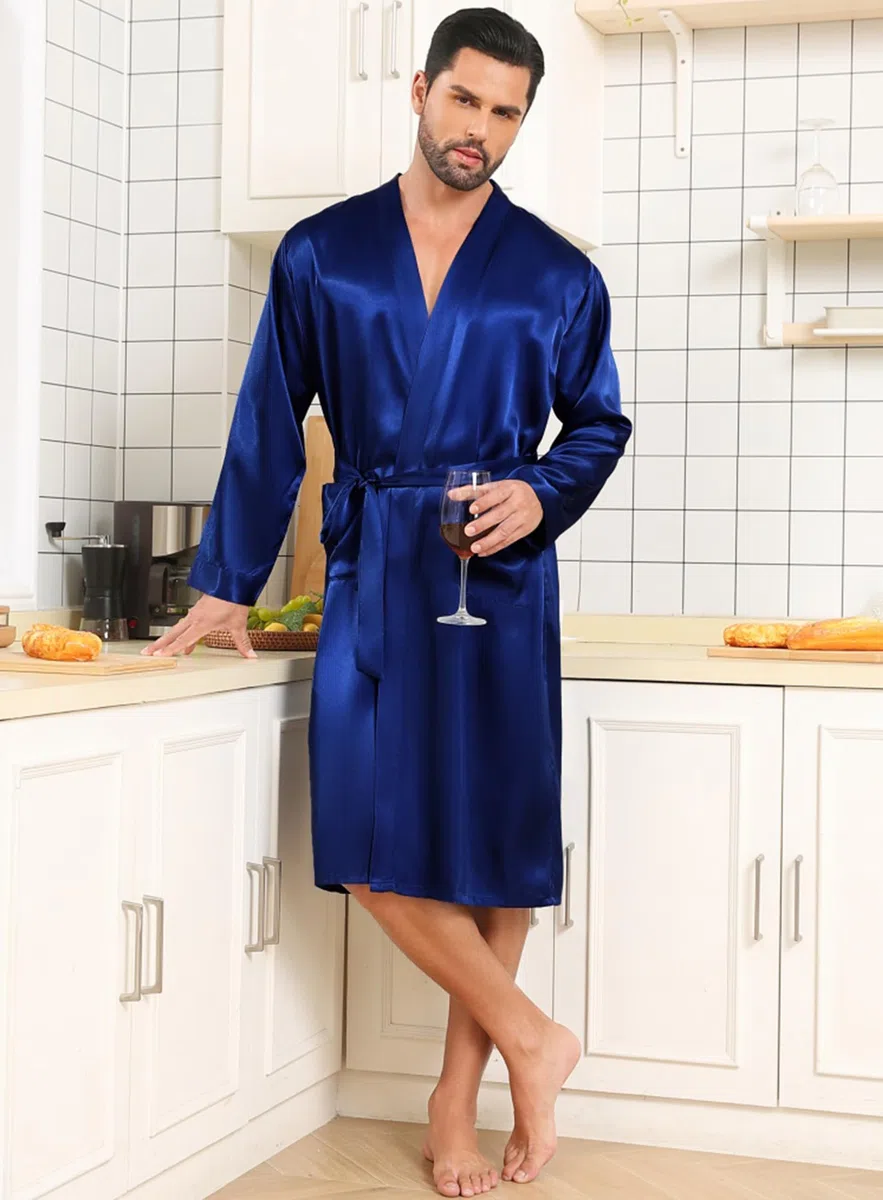 Lovasy Satin Bademantel Herren Lang Kimono Bademäntel für Herren Leicht Morgenmantel Zwei Seitentaschen mit Gürtel