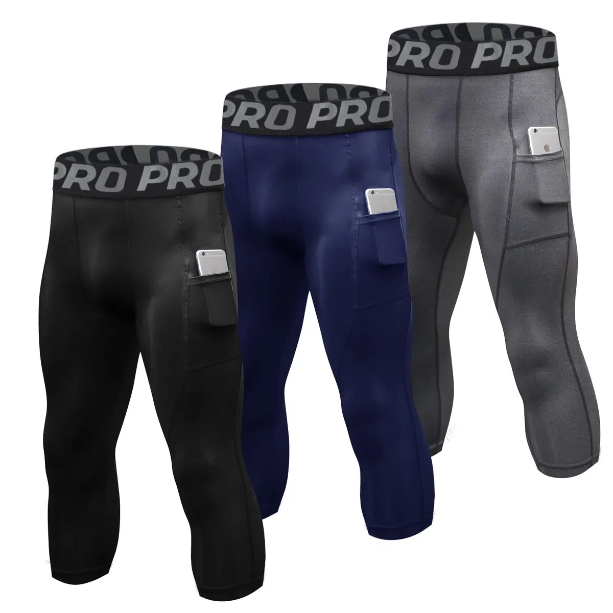 YUSHOW 3/4 Kompressionshose Herren mit Seitentaschen,3er Pack Sportleggings Männer für Fußball Fitness & Running, Schnelltrocknend Funktionshose Kniehoch Laufhose Baselayer