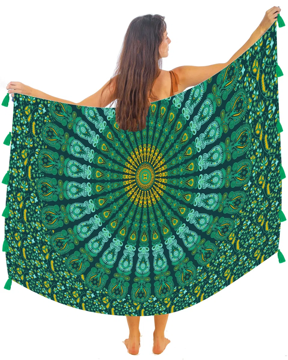 Boho Mandala Pareo Sarong Bikini Cover-Up mit Quasten – Superweiche leichte Baumwolle, Großes indisches Pfauenmuster