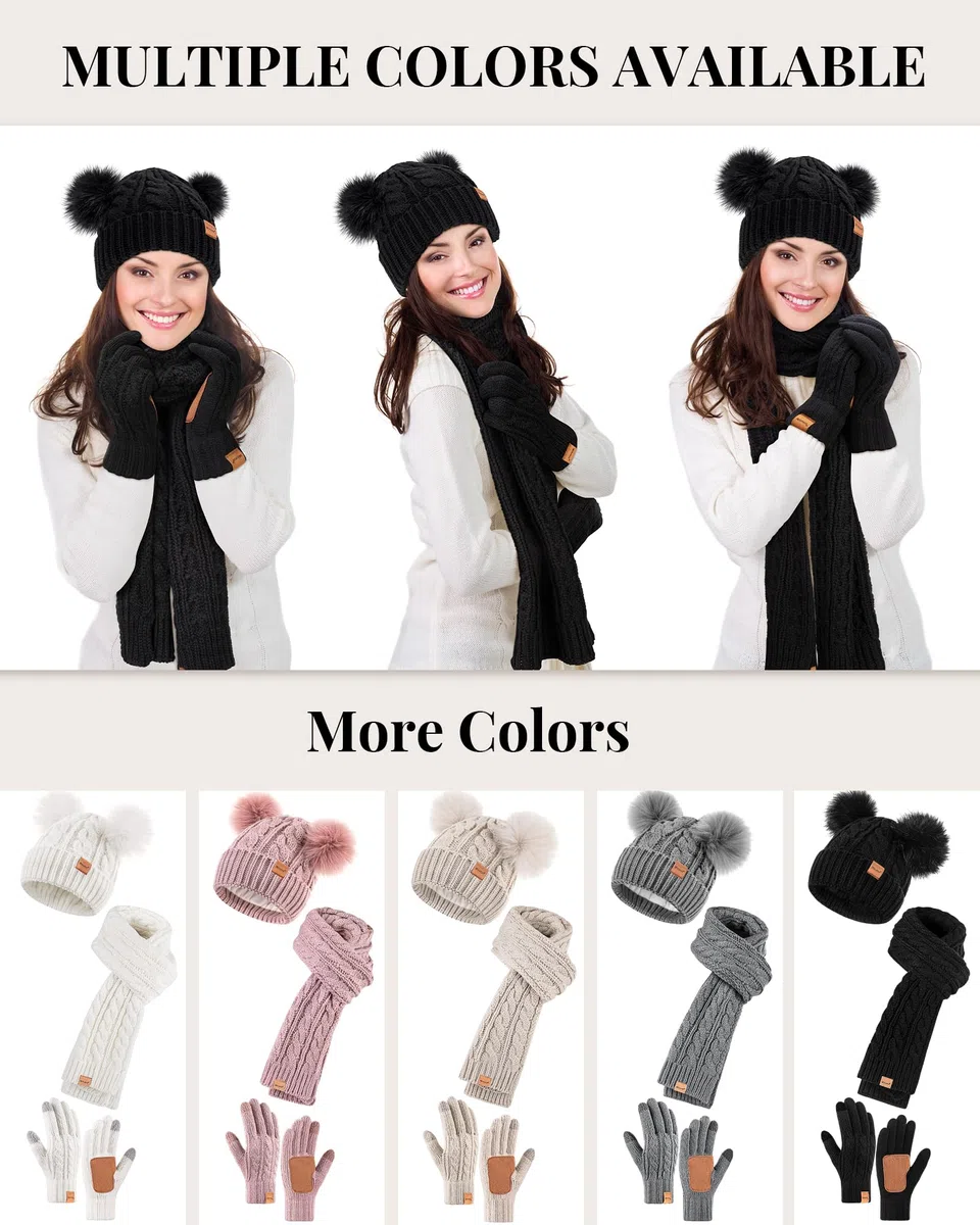Winuesa Mütze, Schal & Handschuh-Sets für Damen, Beanie Mütze Damen Winter mit Bommel Fleece Gefütterte, Touchscreen Handschuhe Schal 3 in 1 Geschenk Set(Haferflocken)