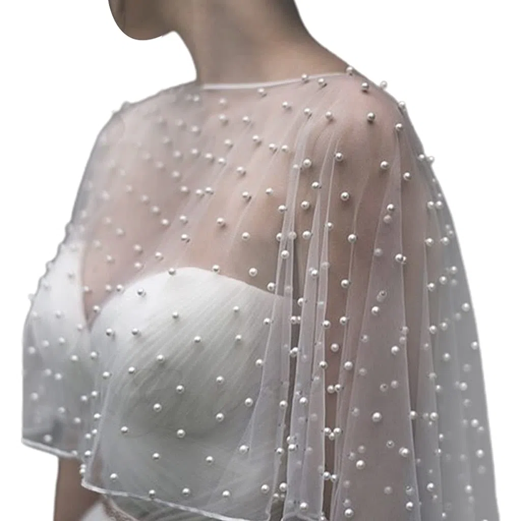 DAISHIAO Hochzeitsaccessoires, Bolero, Brautumhang, Perlen, Hochzeits-Umhang, kurze Vorderseite, langer Rücken, Damen-Wickelumhang, Abend-Wickelschal