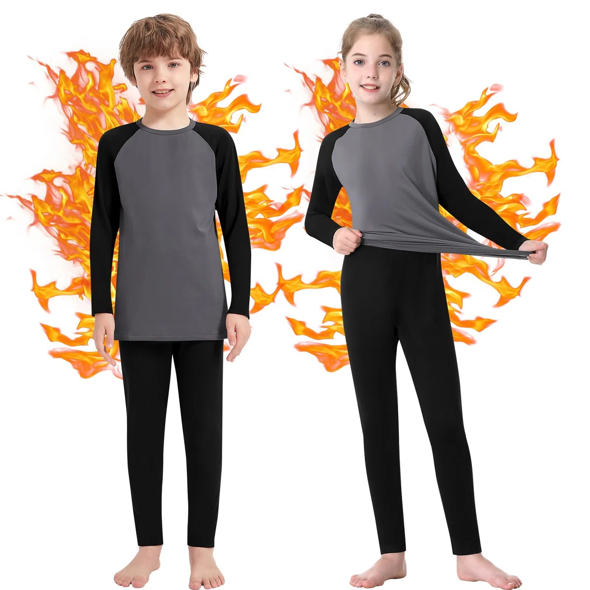 Jiuday Thermounterwäsche Kinder Fussball Funktionsunterwäsche für Jungen Mädchen Skiunterwäsche Atmungsaktiv Soft Warm Winter Langarm Sportunterwäsche für 6-14 Jahre Kinder (A-Grau+Schwarz,L)