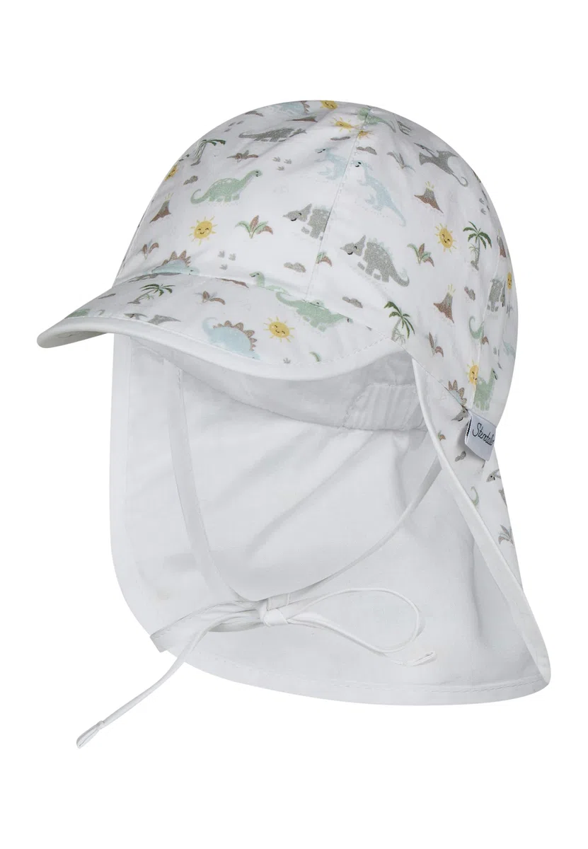 Sterntaler Schirmmütze Nackenschutz Dinowelt – Leichte Kindermütze aus Baumwoll-Popeline mit Dino-Print, elastischem Gummibund, Bindeband und weichem Innenfutter, UV-Schutz 50+