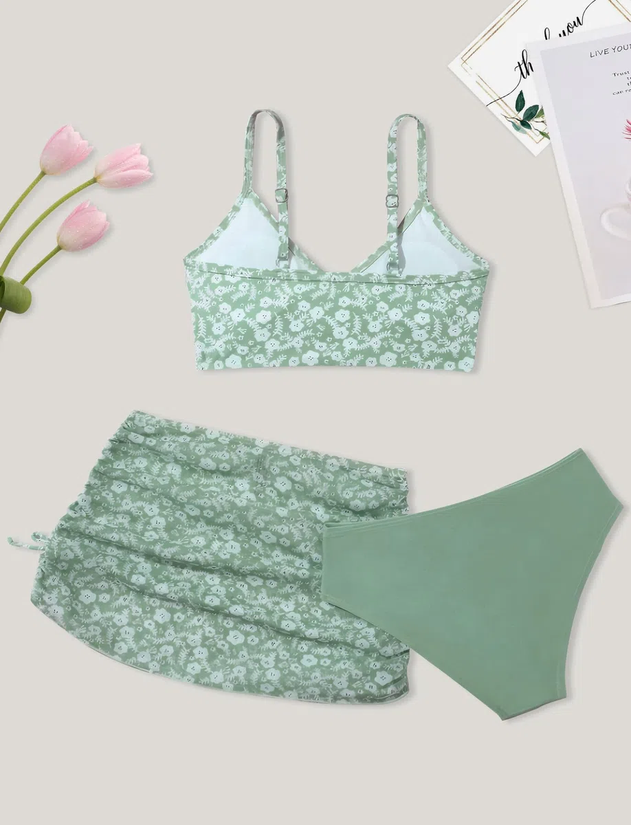 SEAUR Mädchen Badeanzug Cover Up 3 Teilig Bikini Set Bademode Mädchen Badeanzug mit Blumenmuster Mode 8-14 Jahre