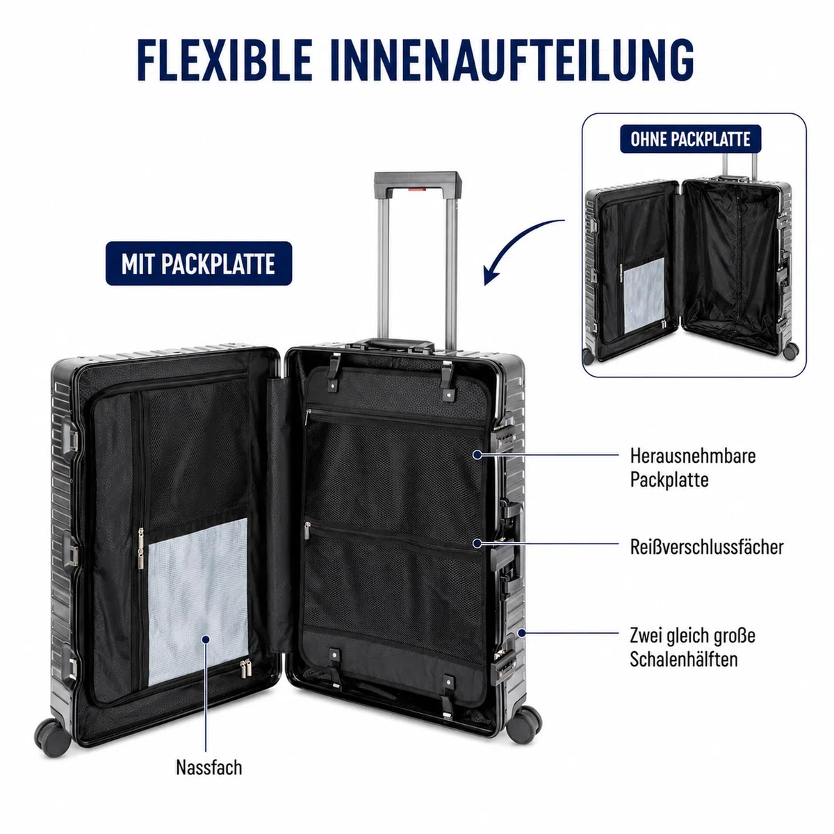 Travelhouse Koffer 100% Aluminium Reisekoffer Bordkoffer Hartschalen-Koffer Handgepäck 55cm· Teleskopgriff · 4 Silent Move Doppelrollen 2X TSA Schlösser · Grau