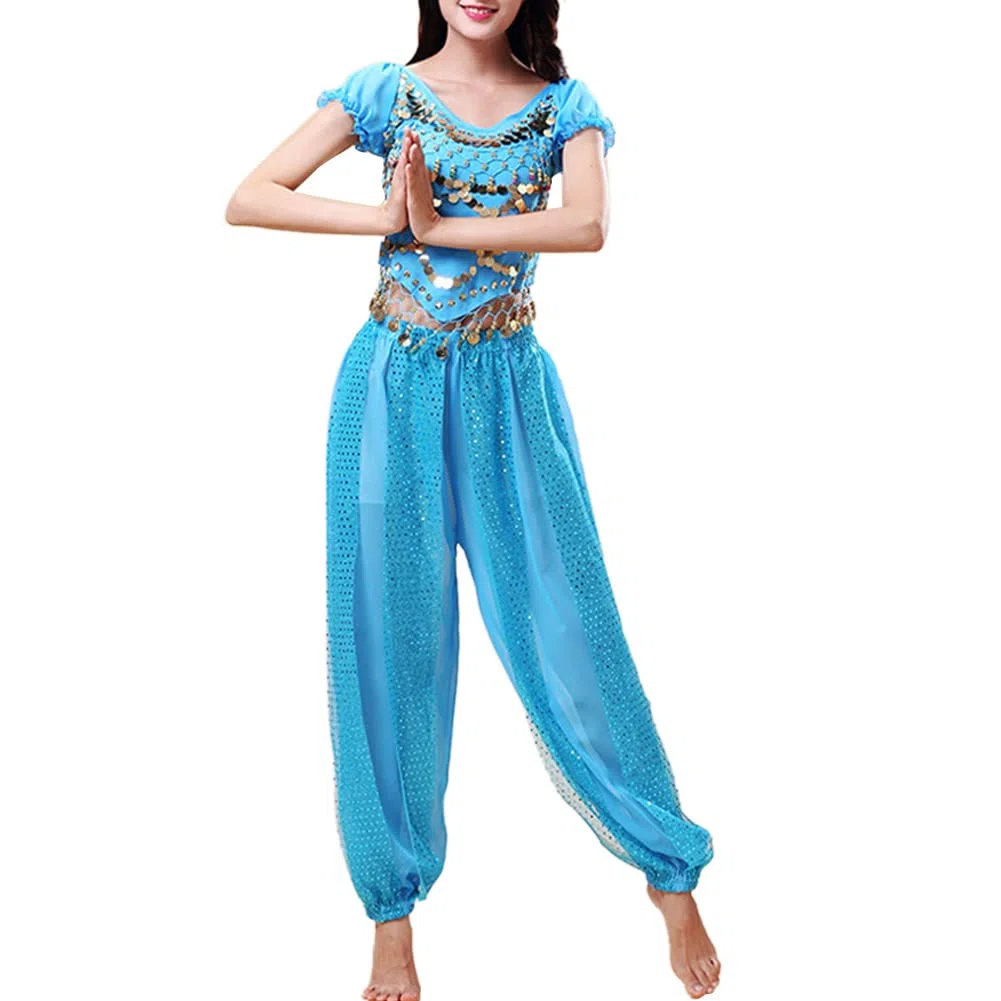 Damen Bauchtanz Kostüm Sets Tanz Tanzen Top Laterne Hosen Professionel Karneval Tänzer Outfit Suit